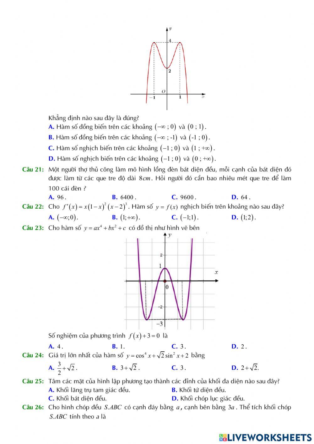 Toán 12 - Kiểm tra giữa kì 1 - Đề số 03