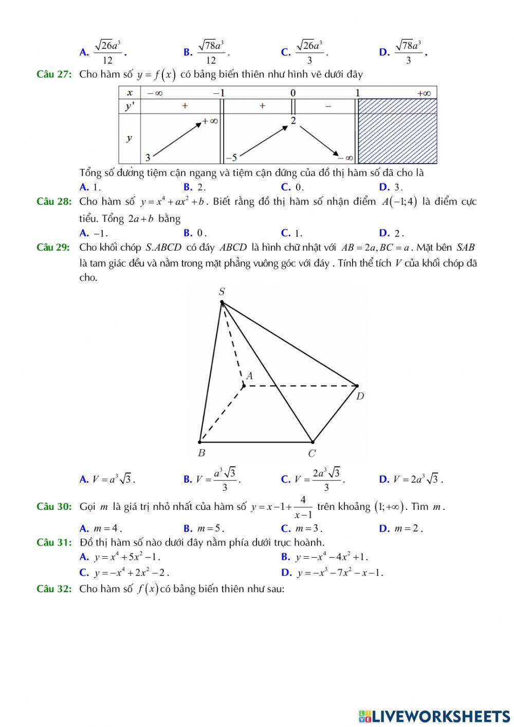 Toán 12 - Kiểm tra giữa kì 1 - Đề số 03