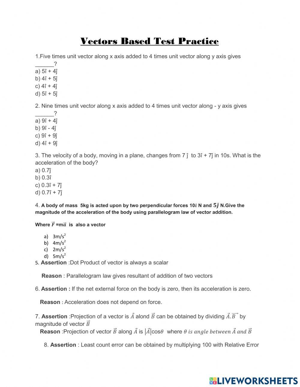 Vectors and graph based practice paper worksheet | Live Worksheets
