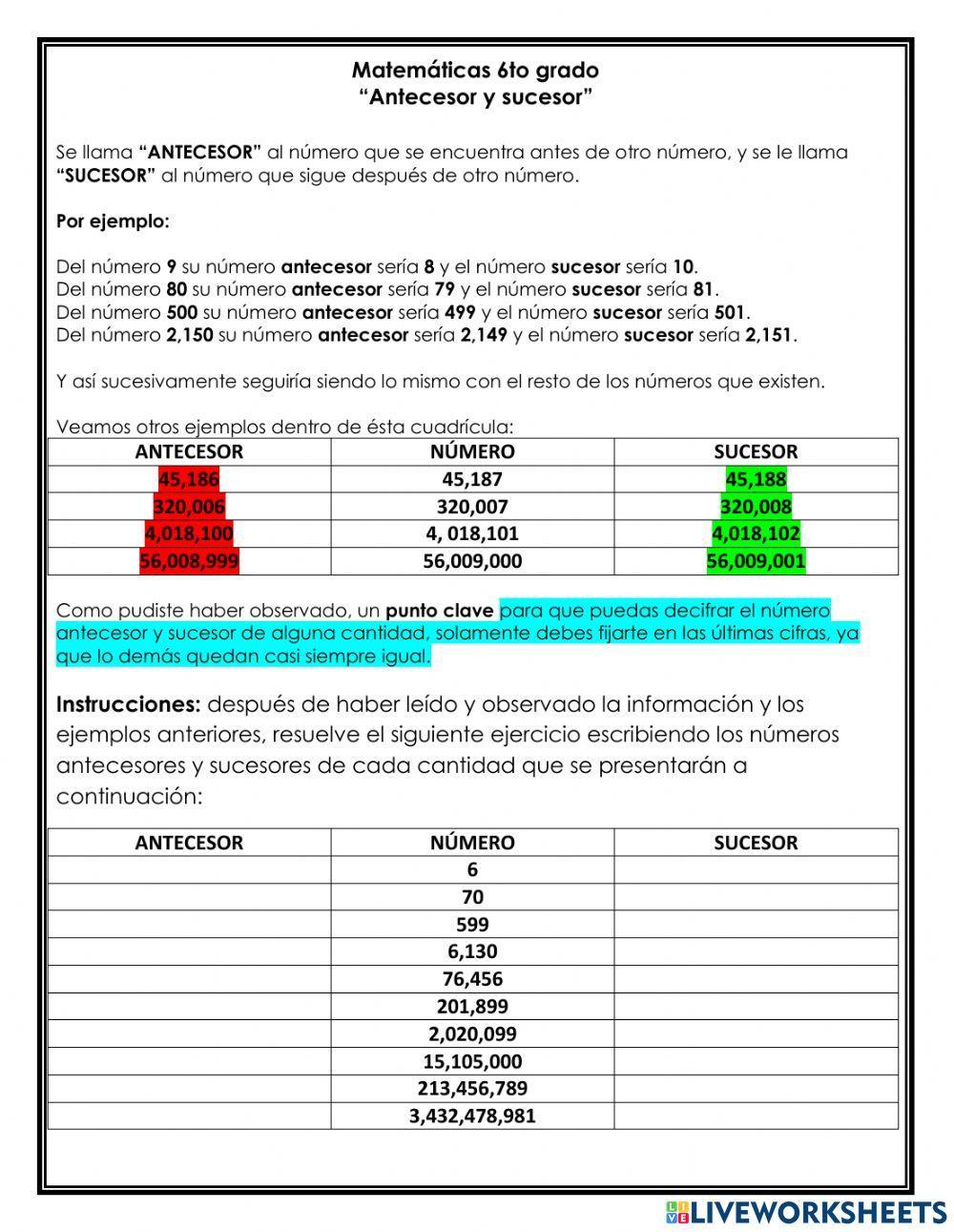 Números antecesores y sucesores
