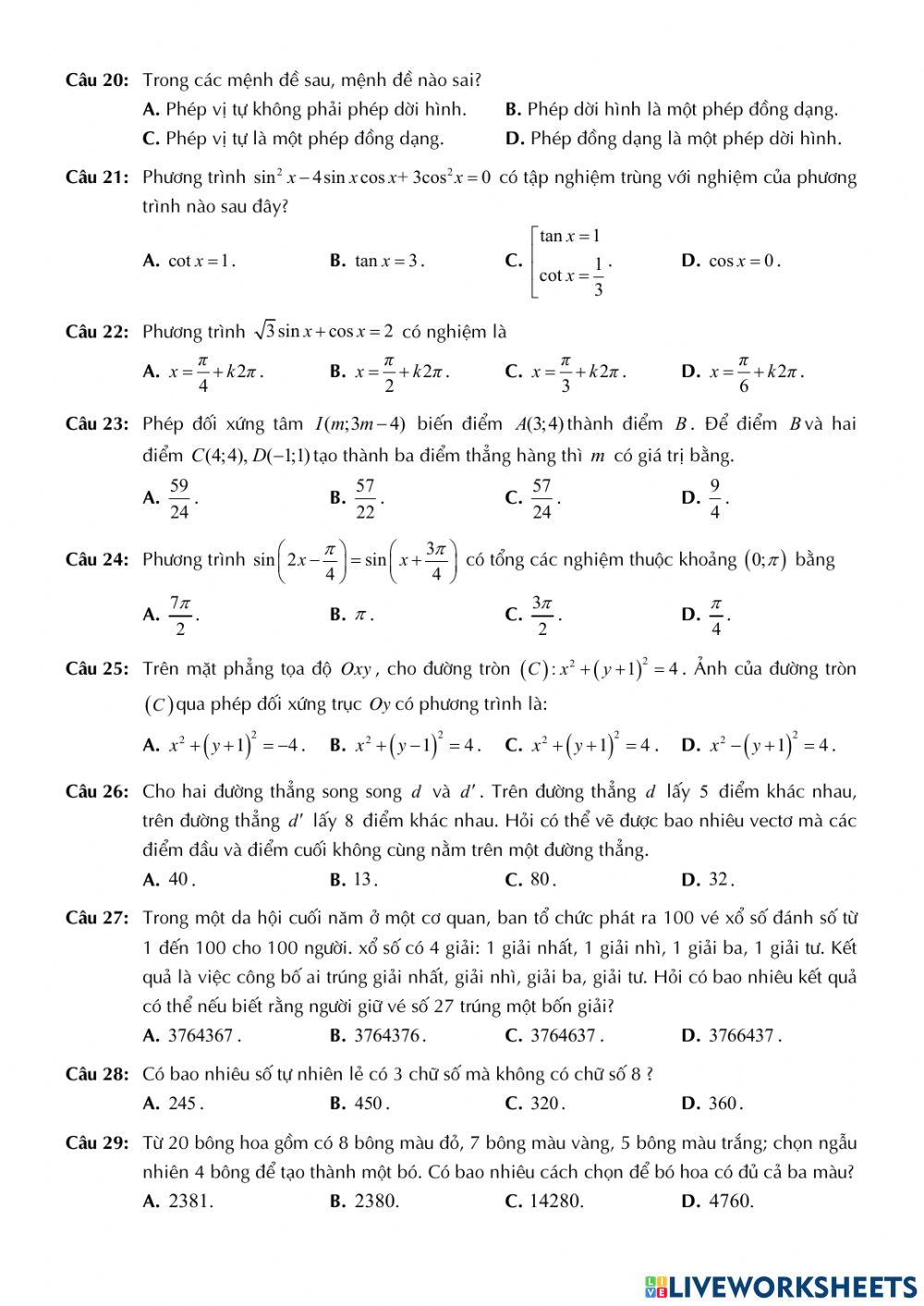 Toán 11 - Kiểm tra giữa kì 1 - Đề số 02