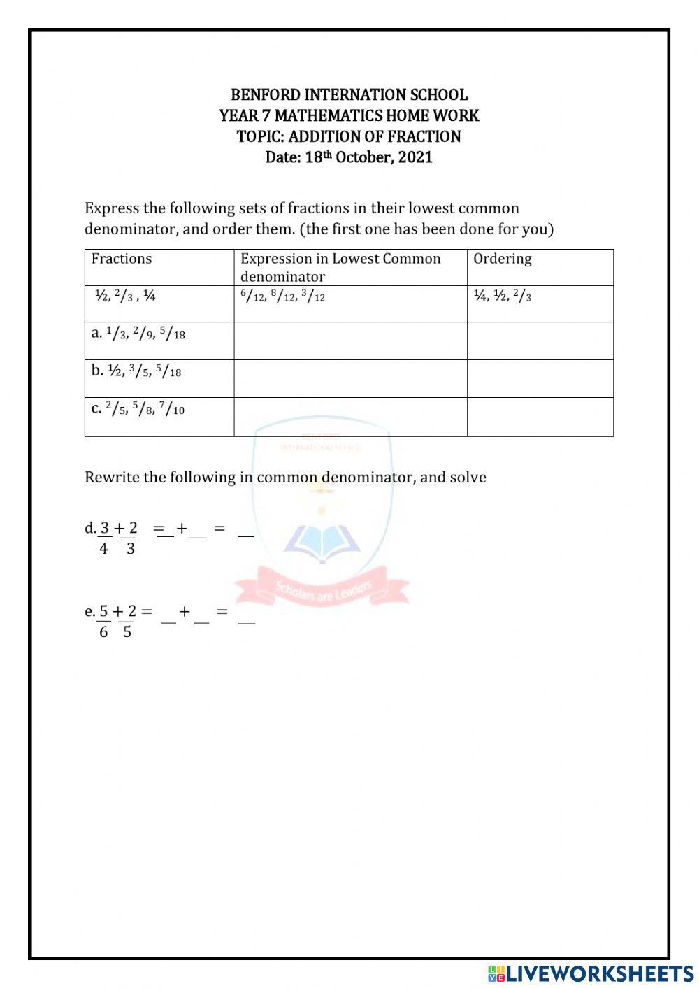 Addition of fraction