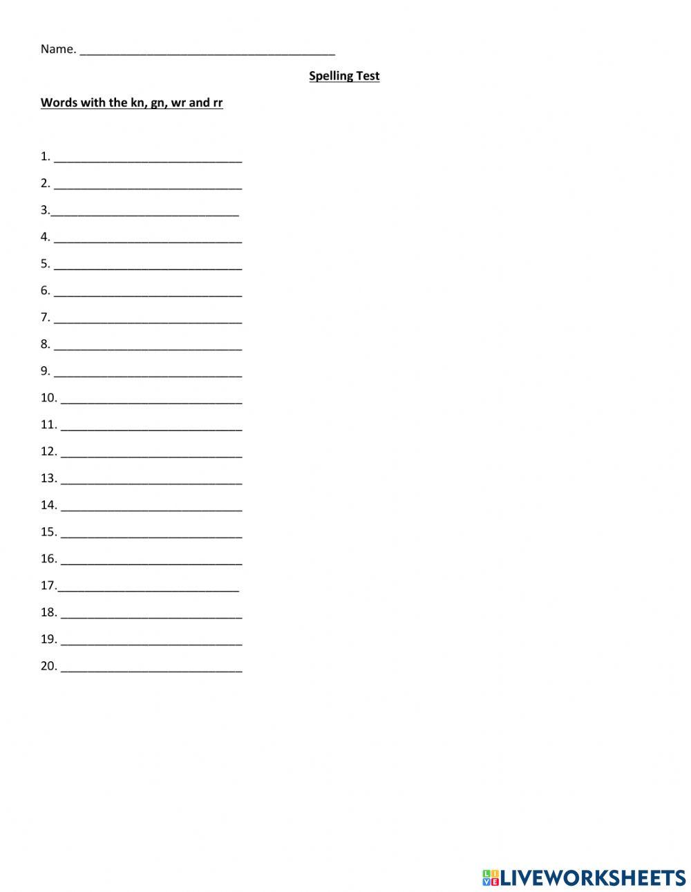 Words with kn, gn, wr and rr test