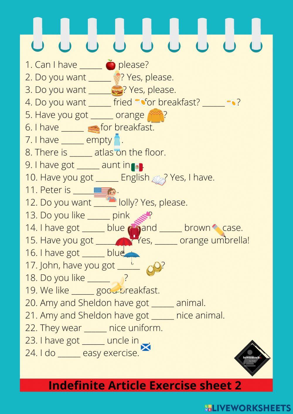 Indefinite Article Exercise Sheet 2