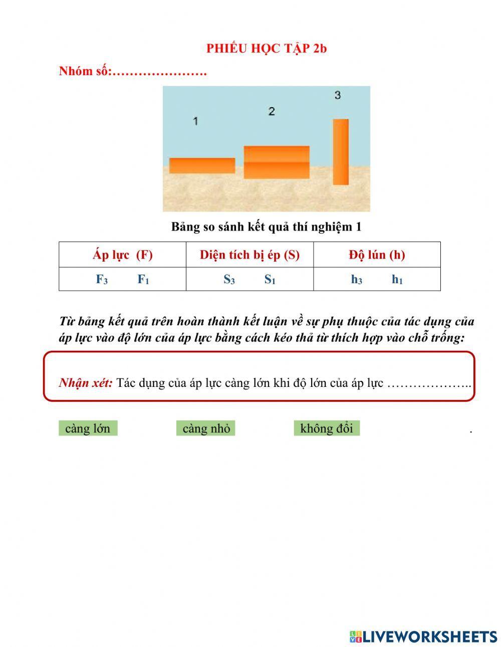 Phiếu bài tập áp suất phụ thuộc diện tích bị ép