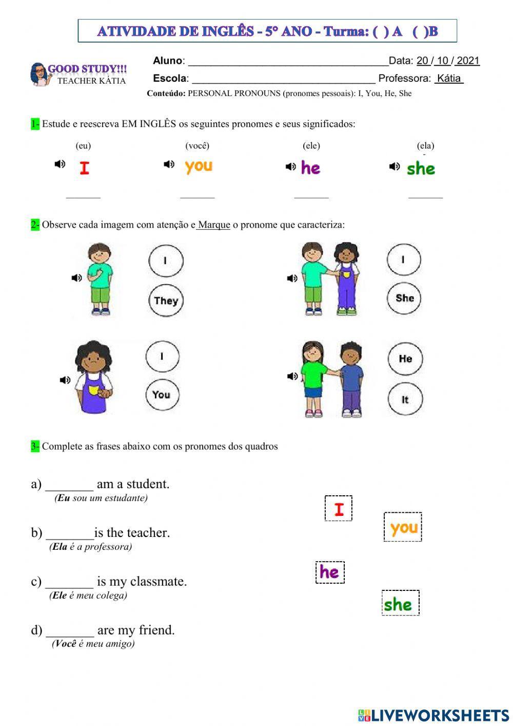 5° ANO - INGLÊS - PERSONAL PRONOUS -20-10-21