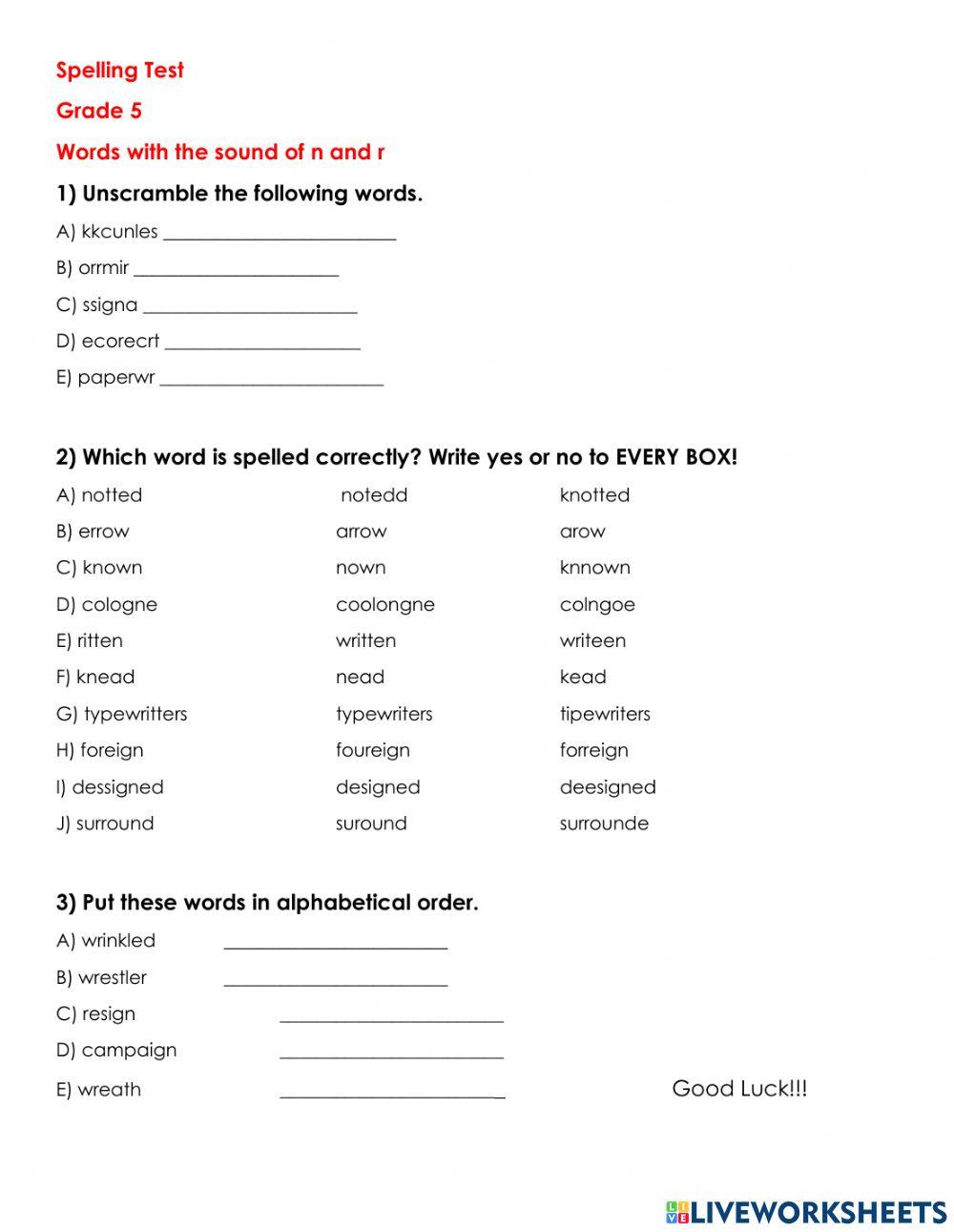 Spelling Test Sound of R and N