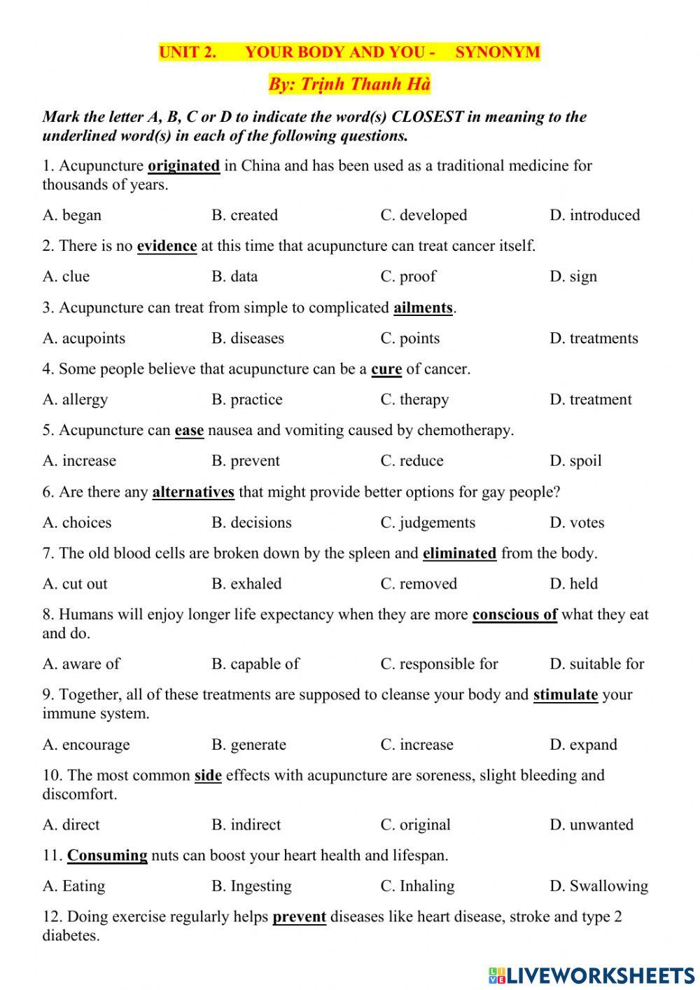 grade-10-unit-2-yourbody-and-you-synonym-online-exercise-for-live