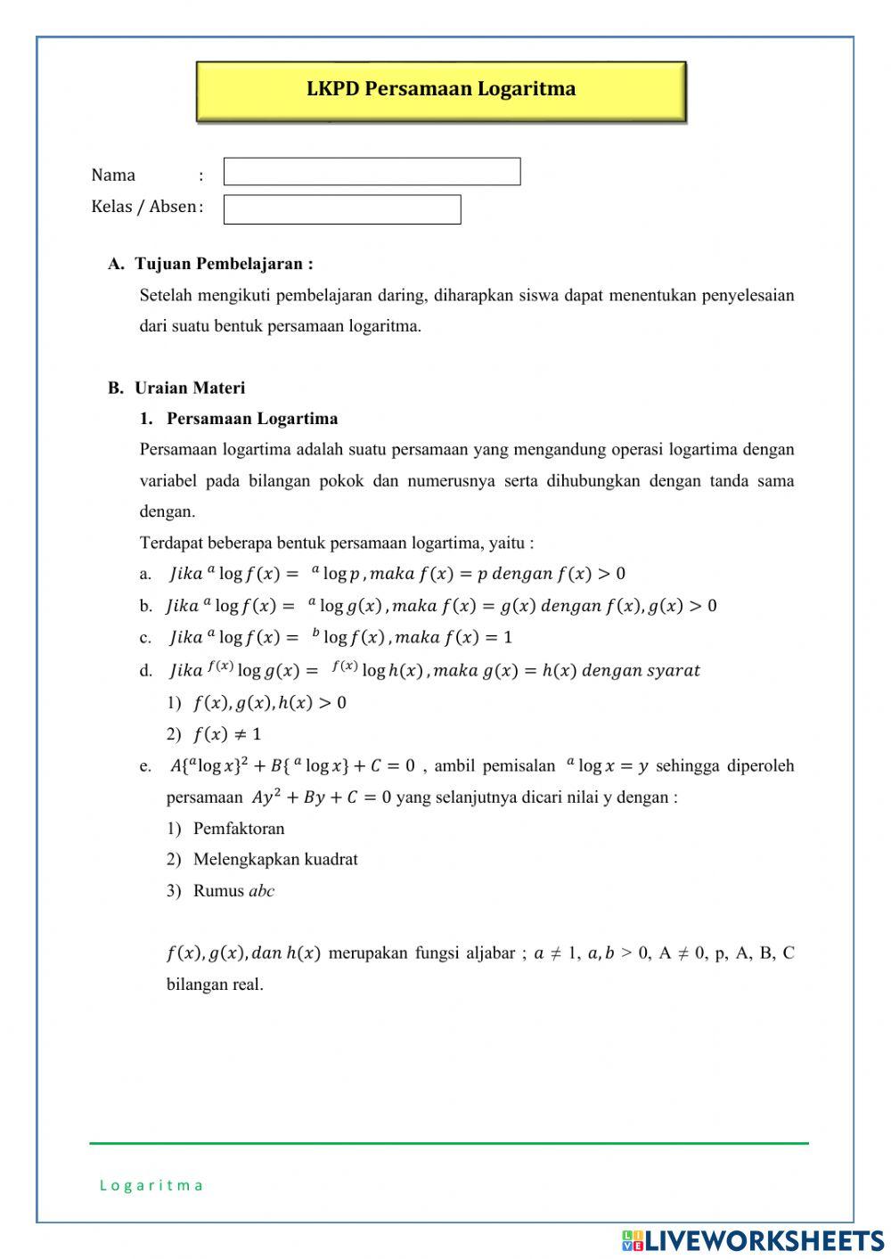 Bentuk Persamaan Logaritma