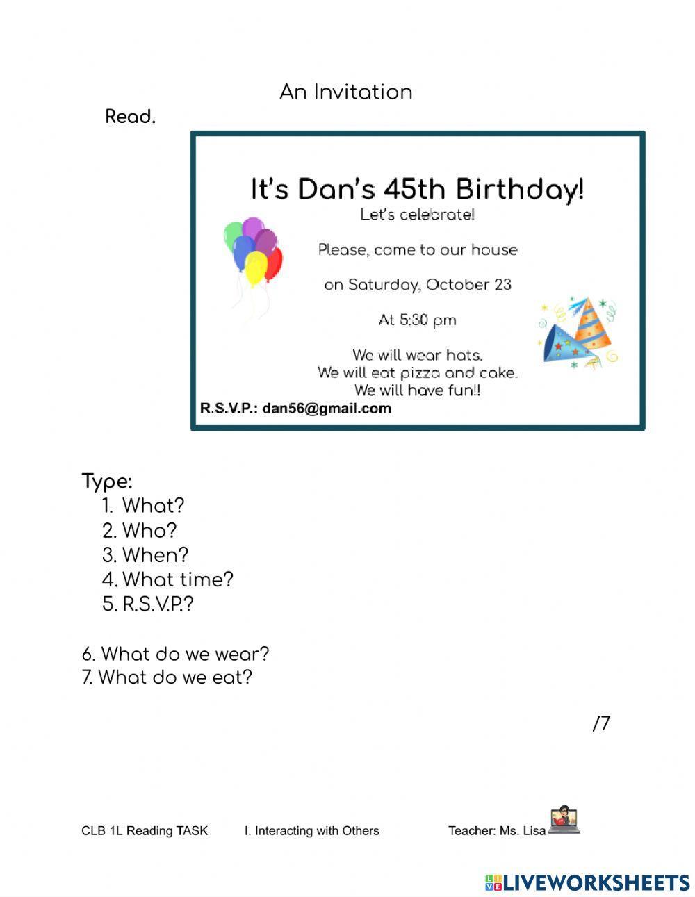 CLB 1L: Invitation: Birthday Party