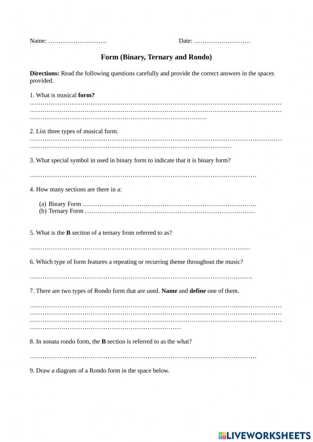 Form binary ternary and rondo online exercise for live worksheets