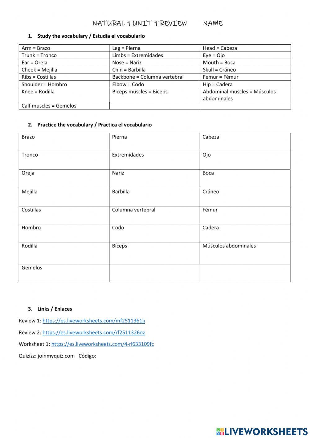 Natural 1 Unit 1 Review 1