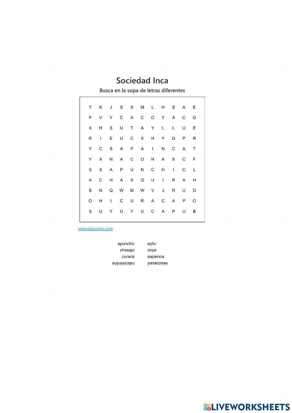 Sopa de letras sociedad Inca
