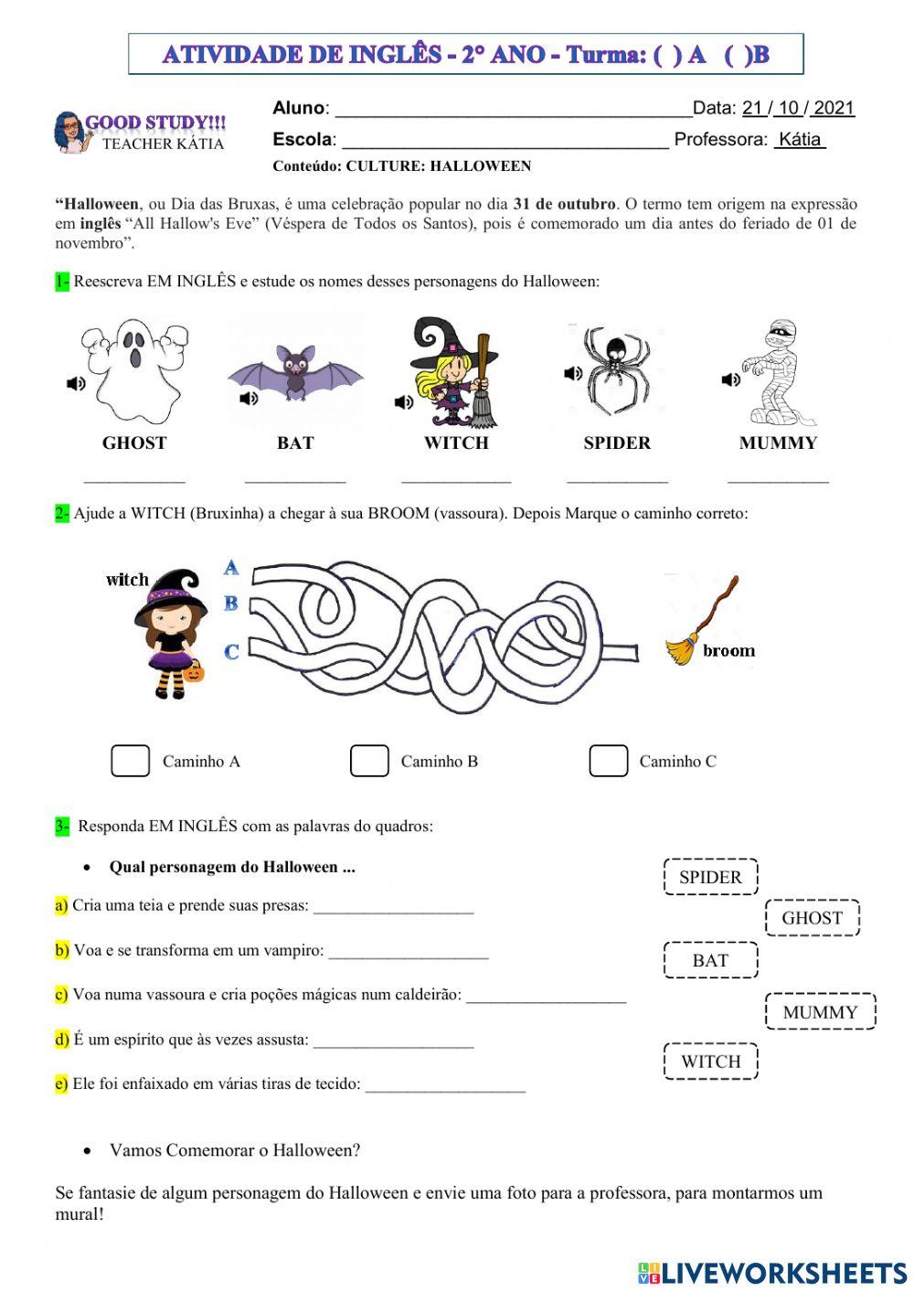 2°ano- INGLÊS - HALLOWEEN- 21-10-21