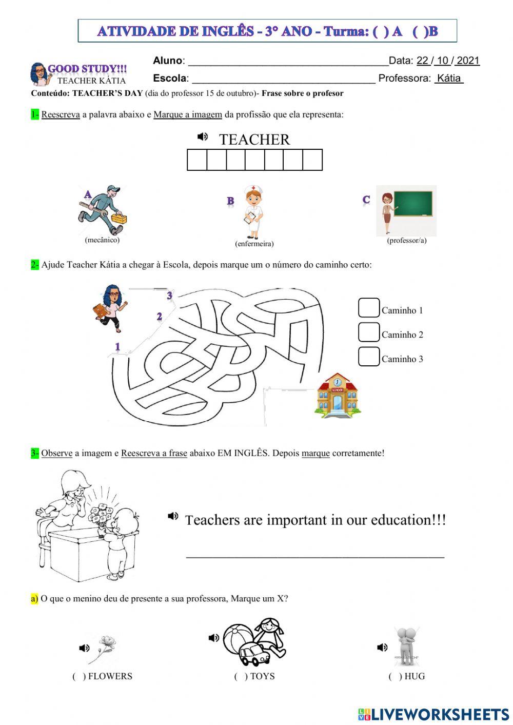 3°ANO- INGLÊS- TEACHERS DAY - 22-10-21