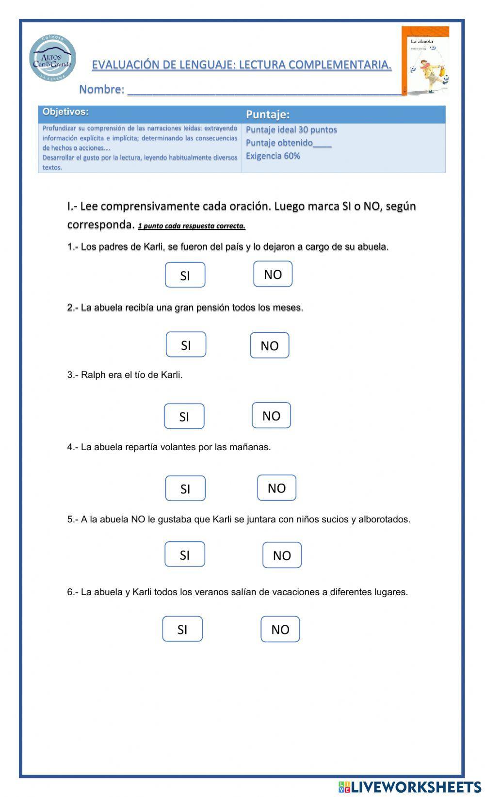 Evaluación libro -La abuela-