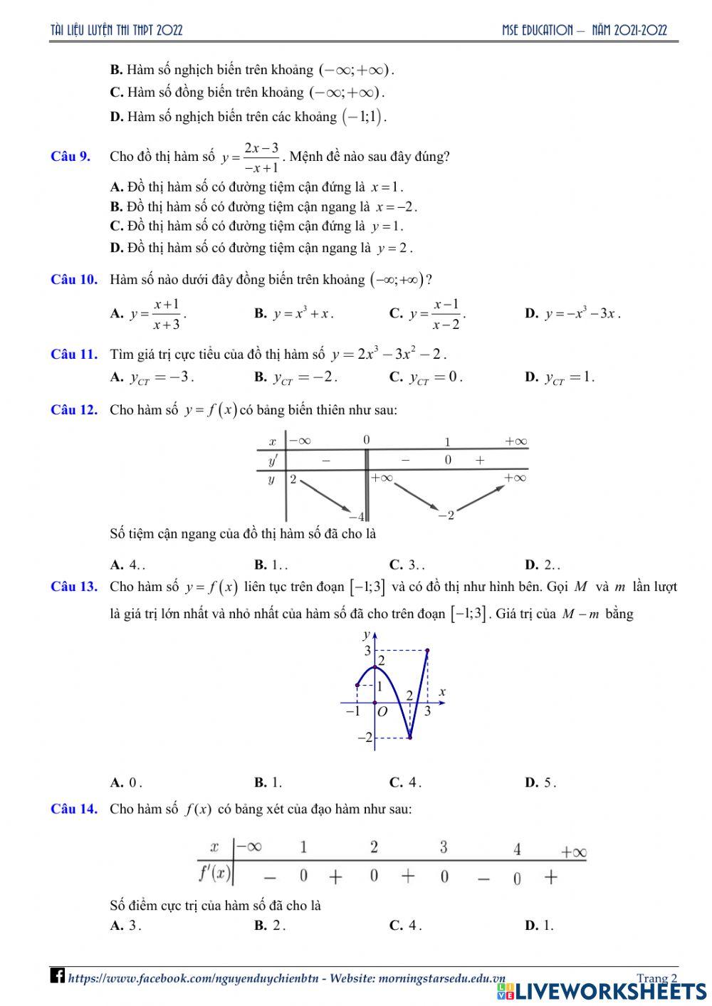Giải tích 12 - Đề Ôn tập Chương 1 - Lần 2