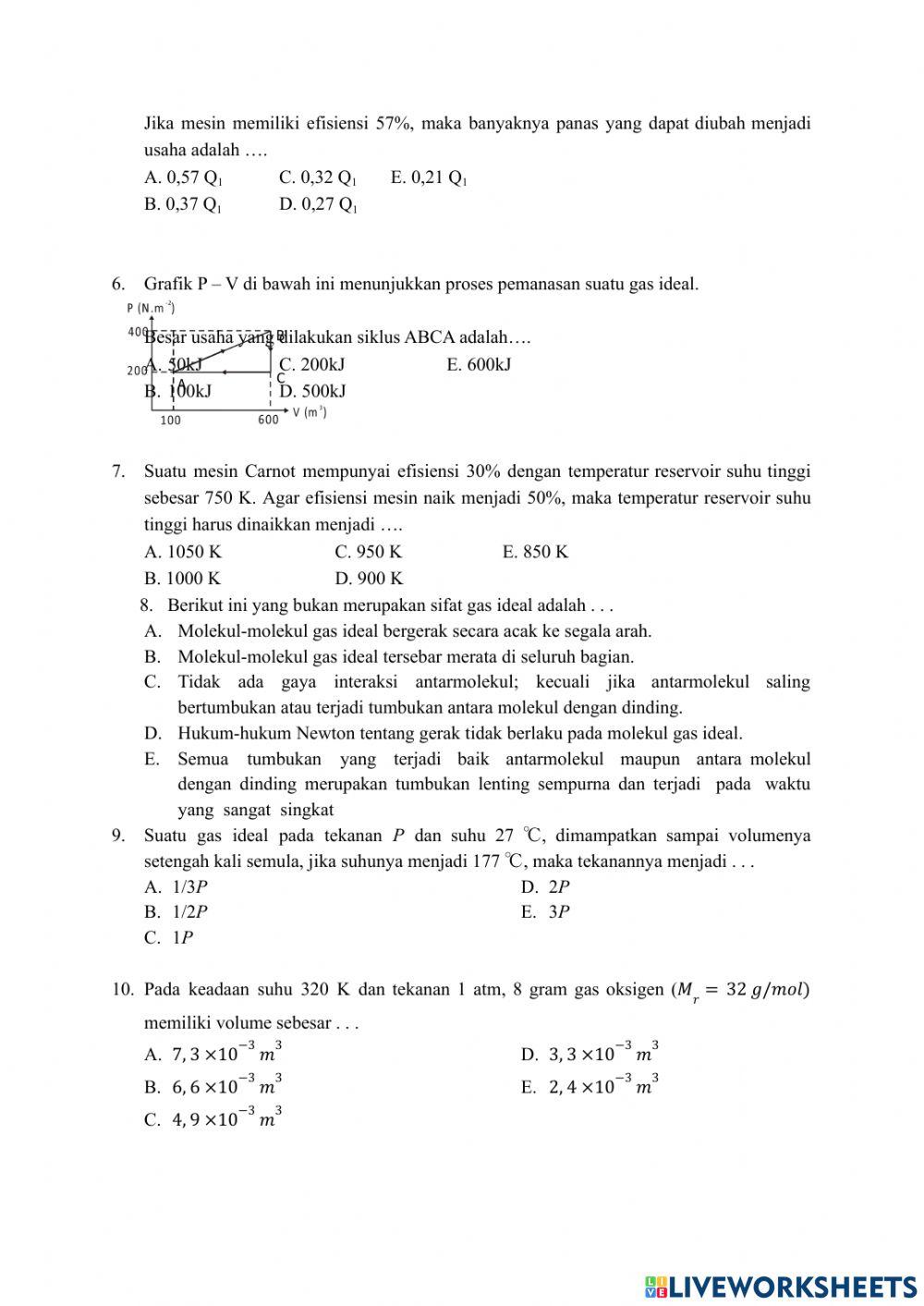 Penilaian harian gas ideal dan termodinamika