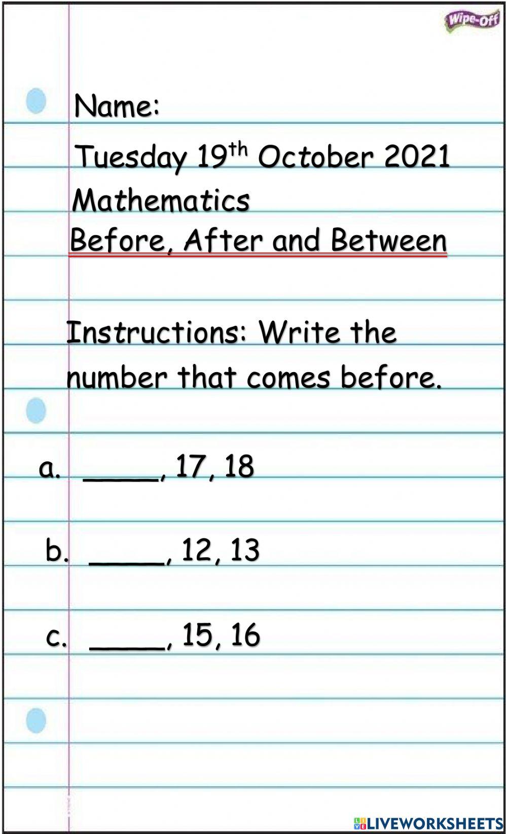 Before, After and Between to 20