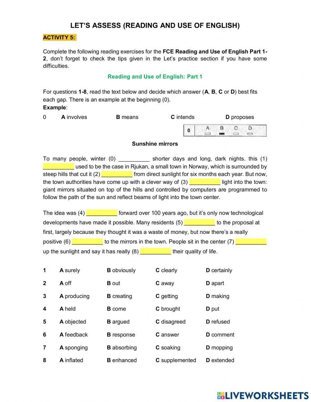 Fce reading and use of english