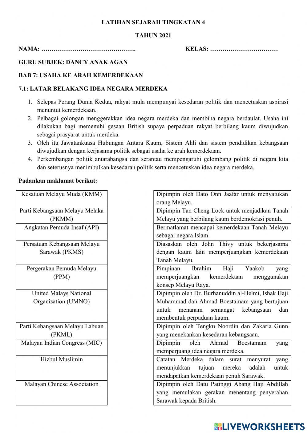 Sejarah t4 bab 7.1 usaha ke arah kemerdekaan