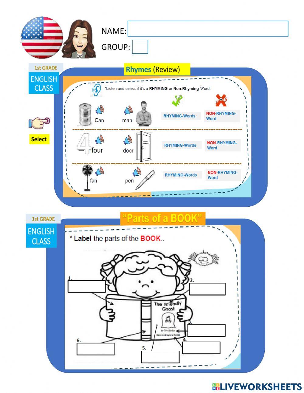 1st Grade Rhymes (Review) - Parts of the book (Oct 18-22)