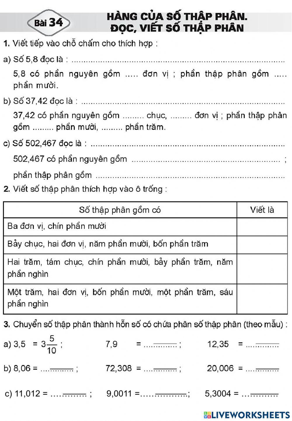SBT Bài 34: Hàng của số thập phân. Đọc viết số thập phân