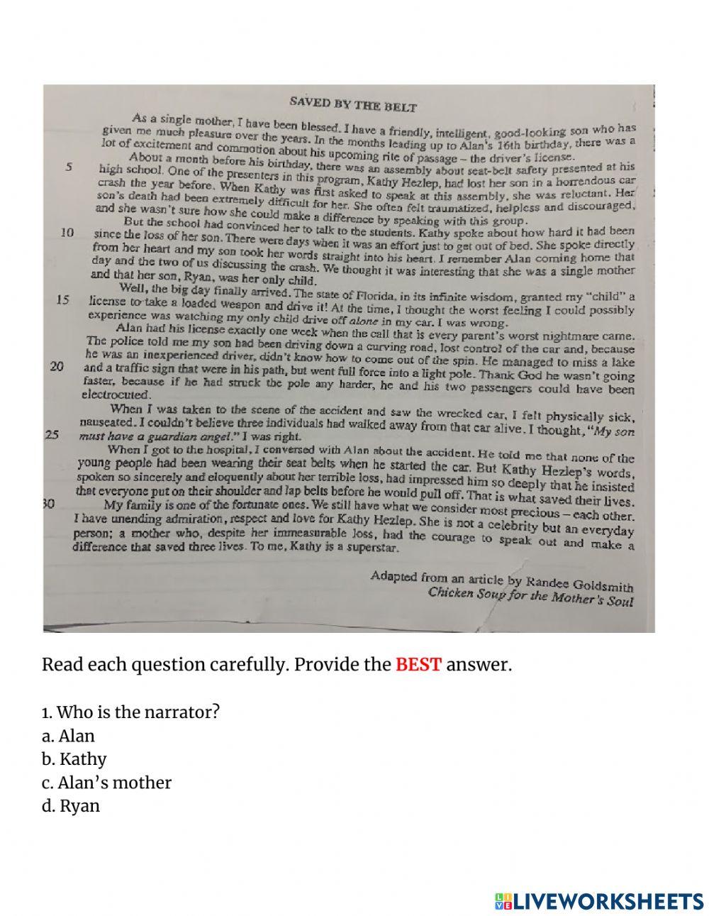 Reading Comprehension: Saved By The Belt