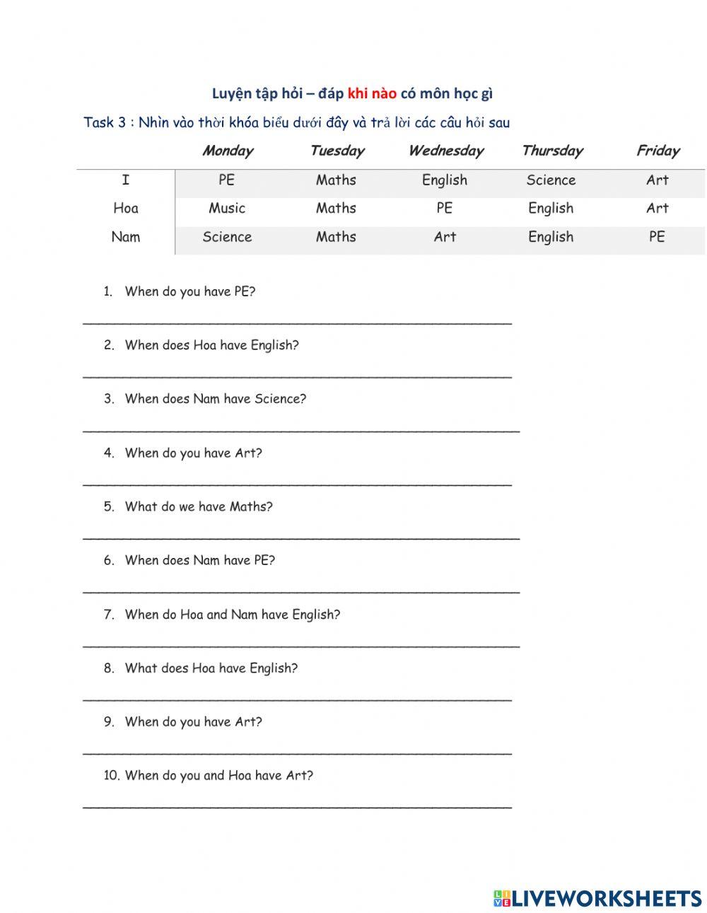Luyện hỏi-đáp về timetable