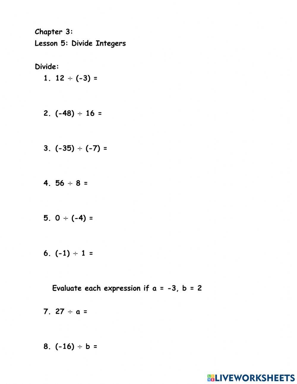 Divide Integers worksheet Live Worksheets