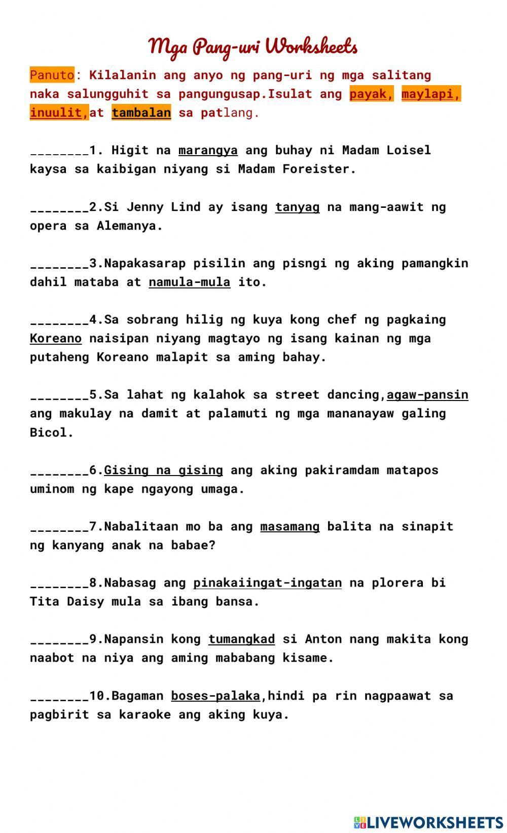 Kayarian ng pang uri liveworksheets 4251862