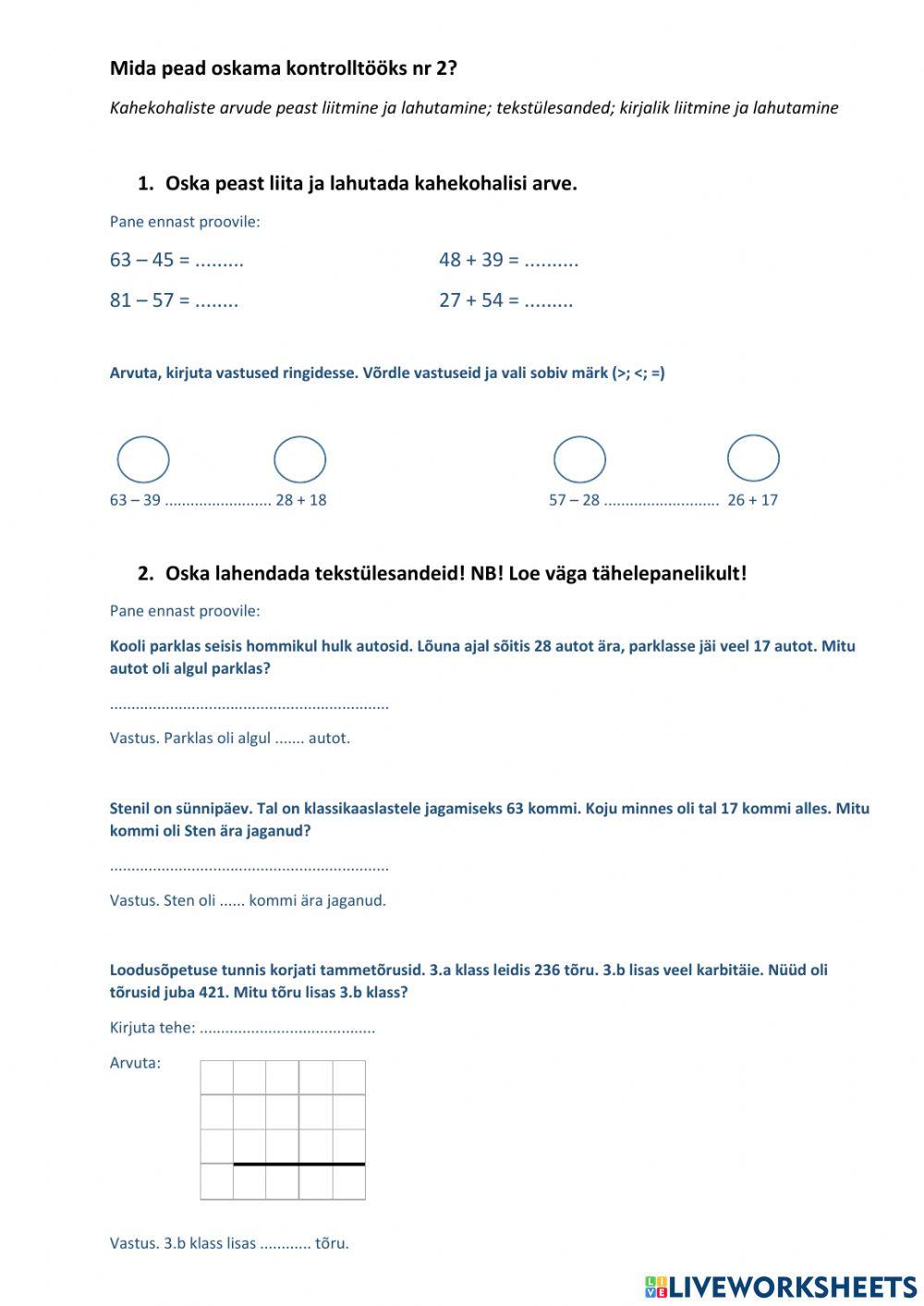 Kordamine. Peast ja kirjalik liitmine ja lahutamine, tekstülesanded. 3. klass