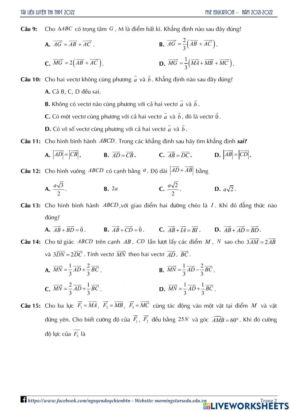 Hình học 10 - Ôn tập chương 1 - Lần 1