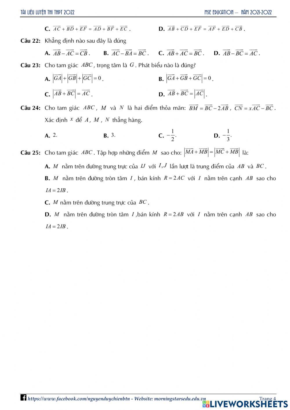 Hình học 10 - Ôn tập chương 1 - Lần 1