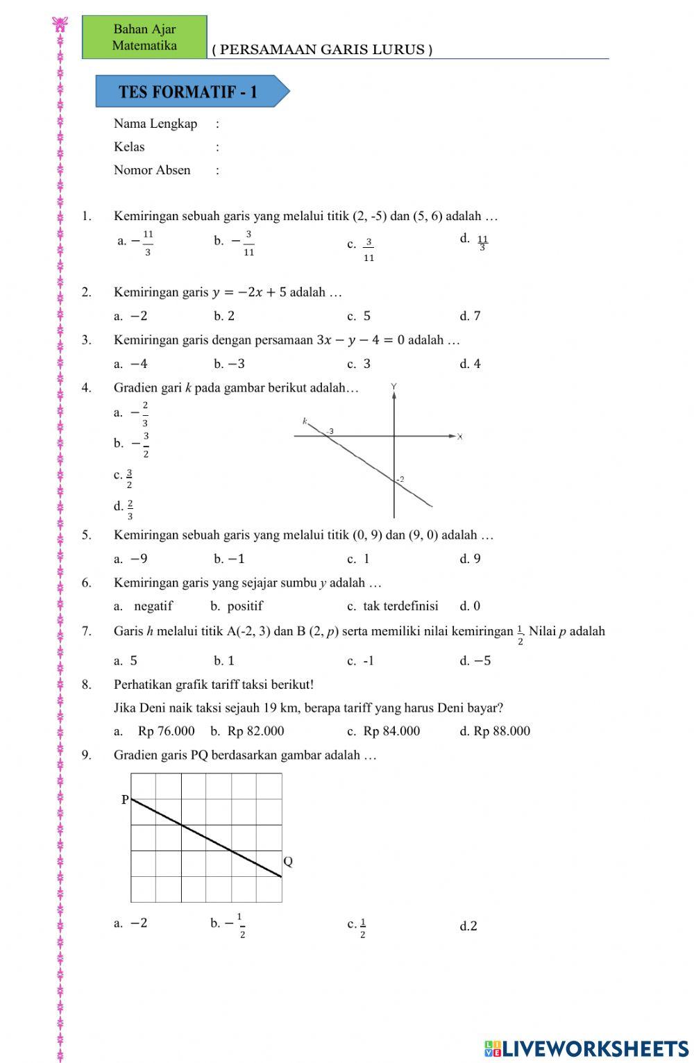 Latihan Gradien Persamaan Garis Lurus