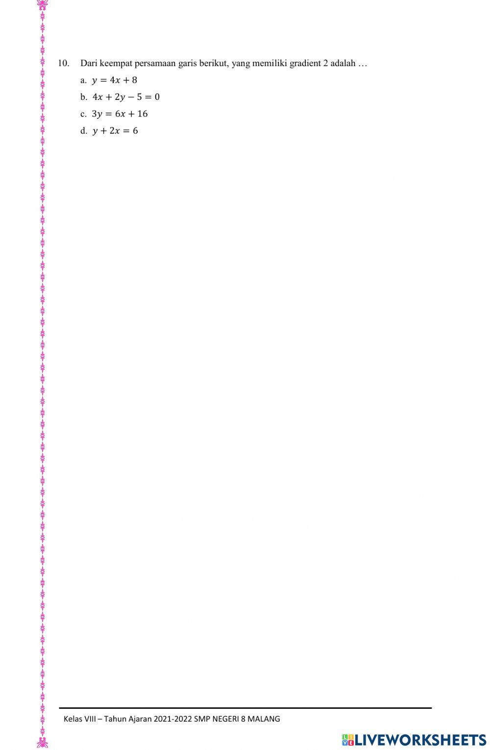 Latihan Gradien Persamaan Garis Lurus