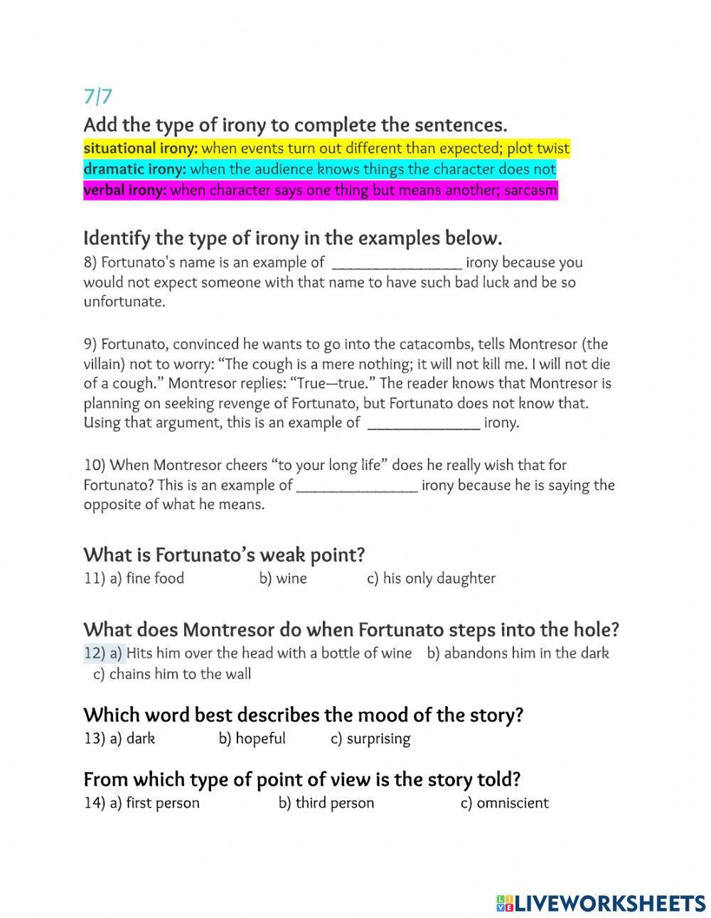 Cask of Amontillado online exercise for Live Worksheets