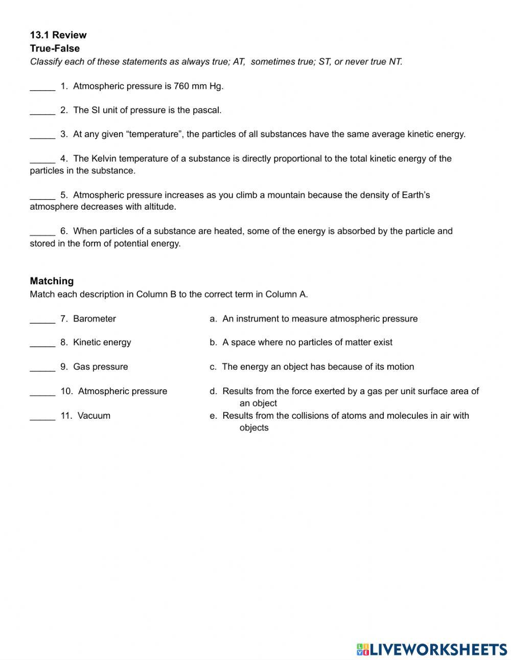 13.1 Review Worksheet Chemistry