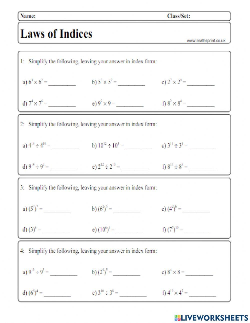 Laws of Indices online exercise for | Live Worksheets