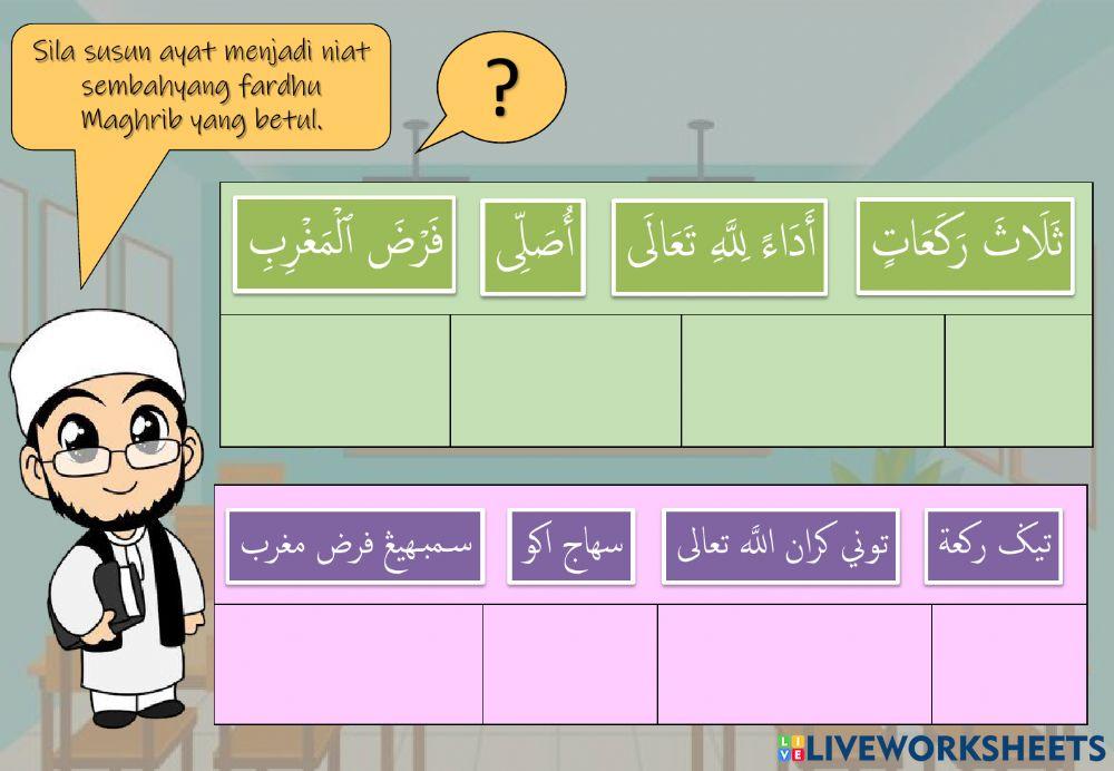 Latihan Amali: Lafaz Niat Sembahyang Fardhu Maghrib, Isyak dan Subuh.