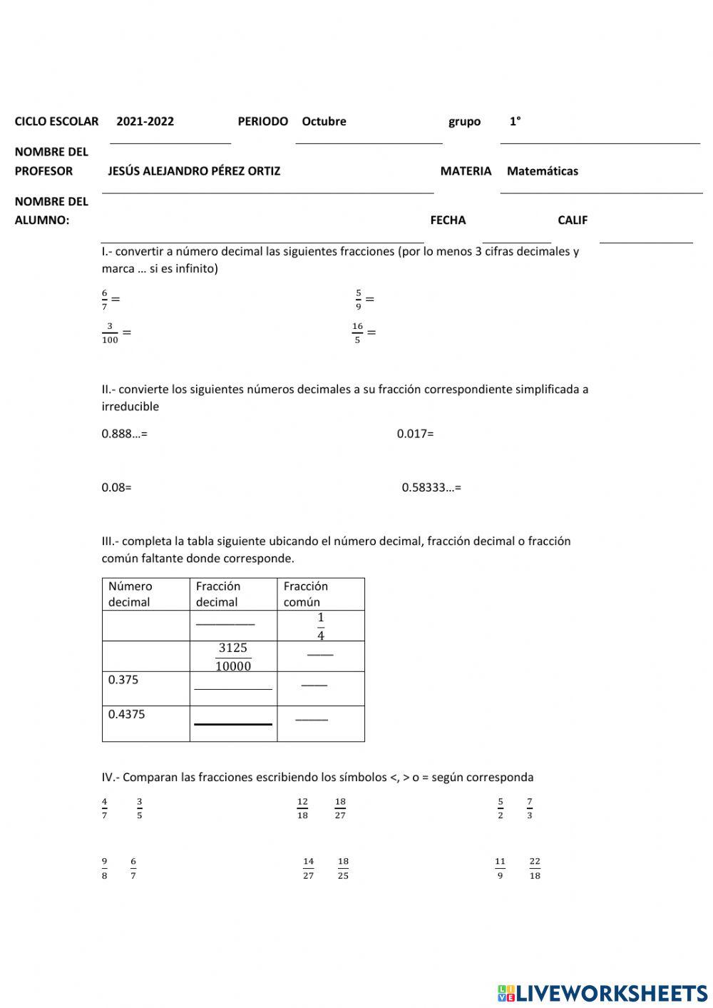evaluación conversión fracciones a decimales