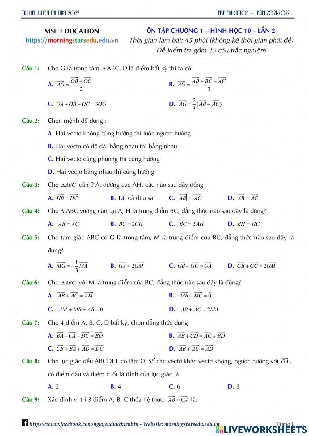 Hình học 10 - Ôn tập chương 1 - Lần 2