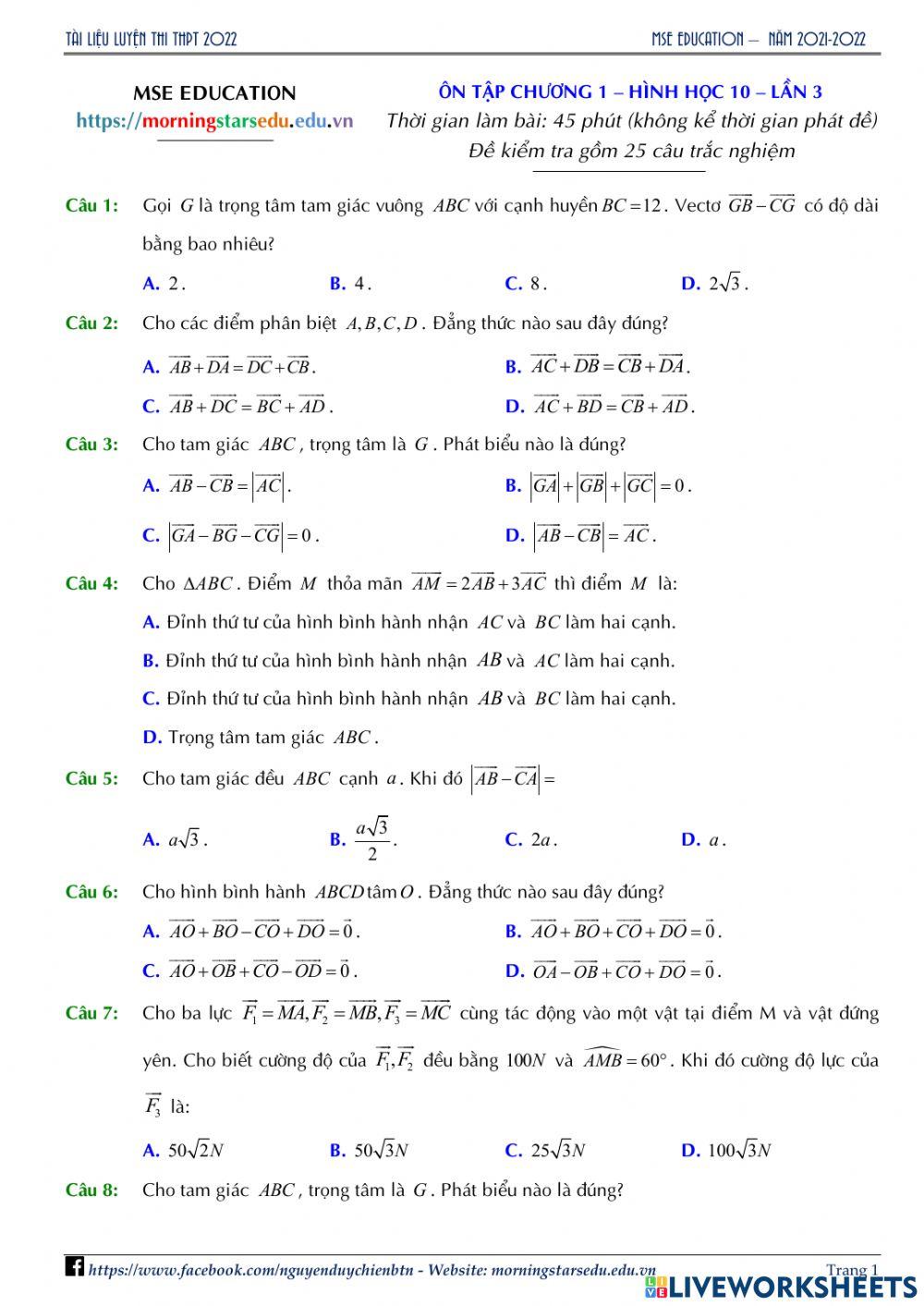 Hình học 10 - Ôn tập chương 1 - Lần 3
