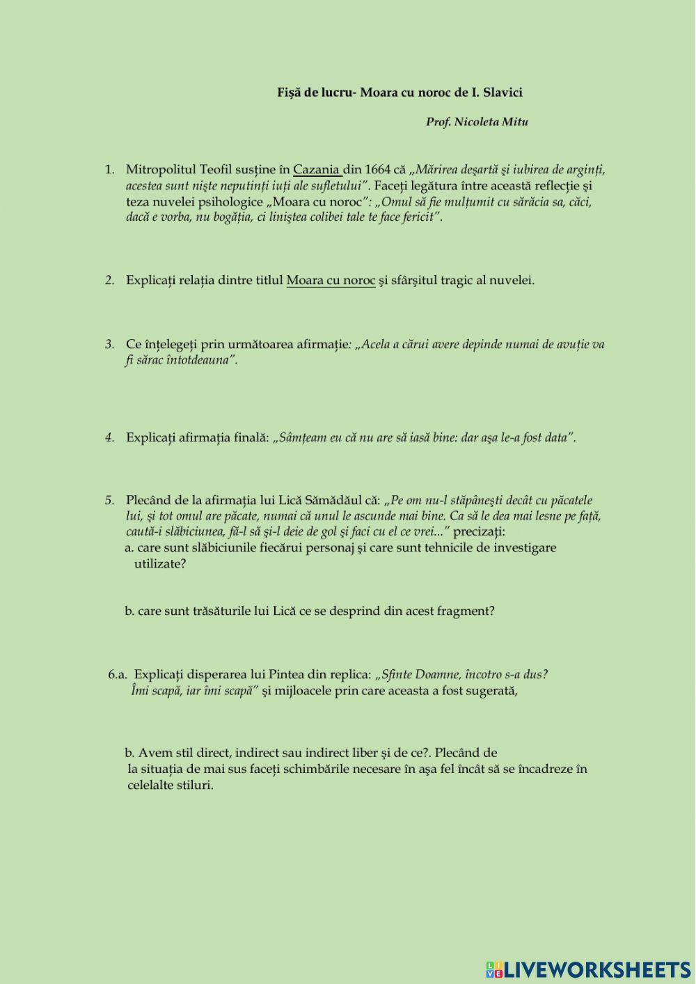 Fișă de lucru- Moara cu noroc- Ioan Slavici
