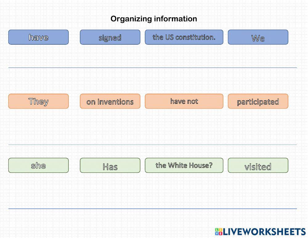 Present perfect examples - organizing information Present perfect examples - organizing information