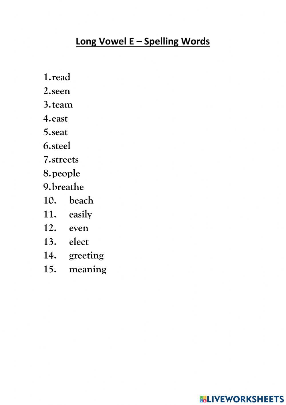 Long vowel e list words