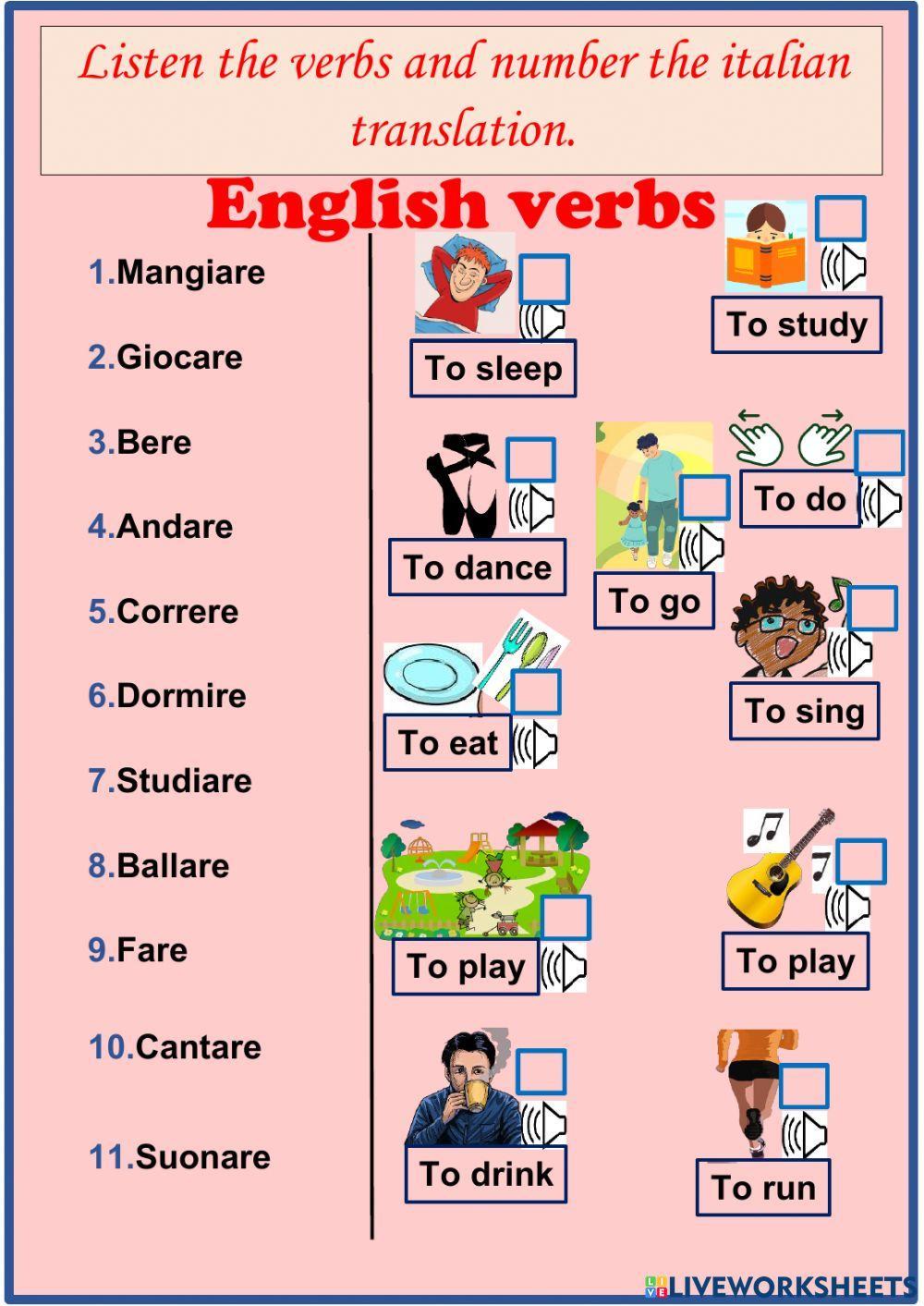 Listen the verbs and number the italian translation