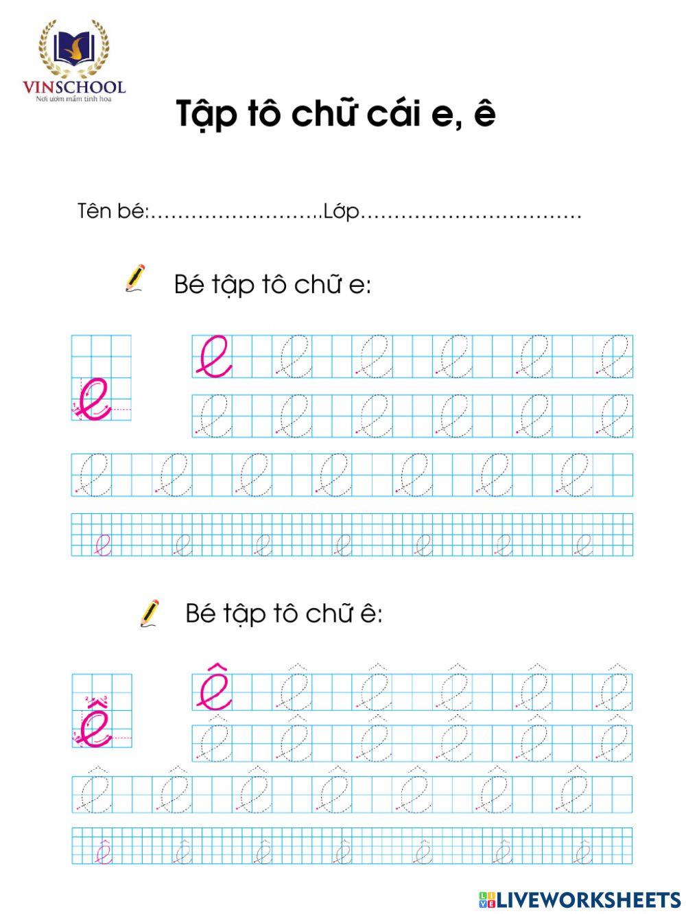 Phiếu bài tập ôn chữ e,ê