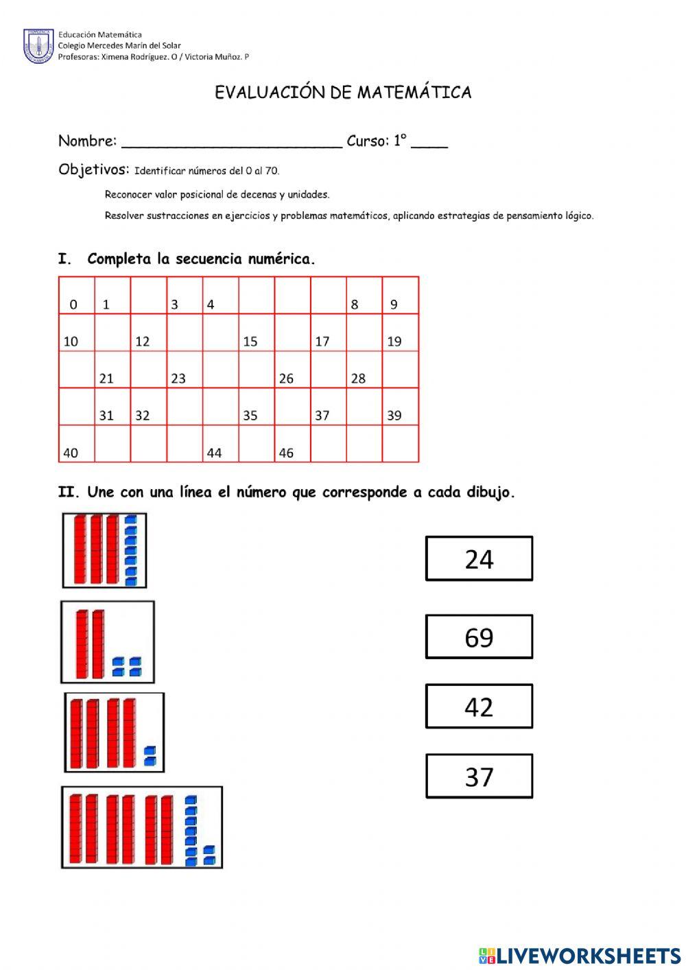 Evaluación de matemática primero