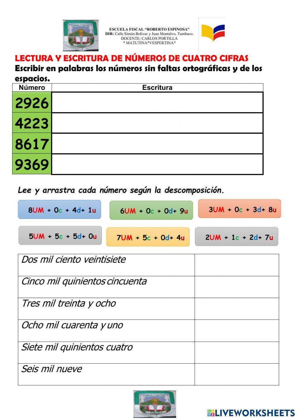 Lectura y escritura de números cuatro cifras